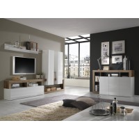 Ensemble de meubles de salon design avec nombreux rangements collection BURA. Coloris blanc brillant laqué et chêne mercure