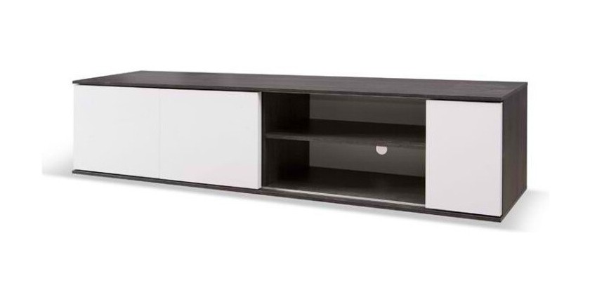 Meuble TV 160cm avec portes coulissantes collection BELFORT coloris noir effet bois et blanc.