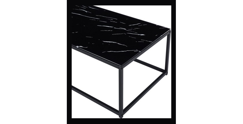 Table basse TRAMPSTA en verre effet marbre noir, idéal pour un salon unique