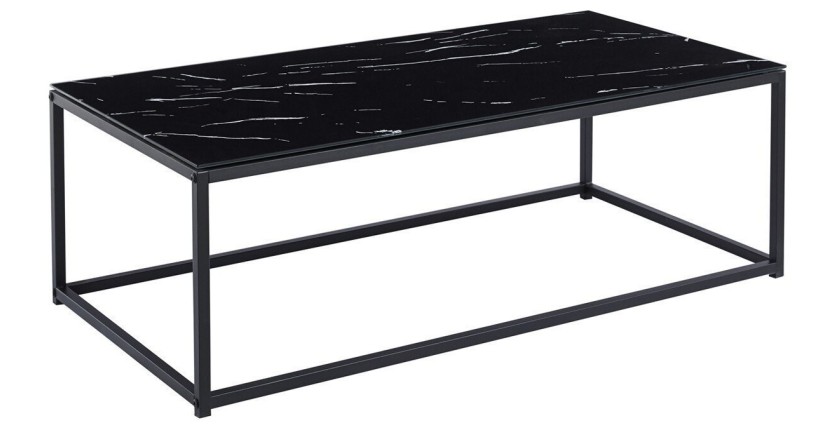 Table basse TRAMPSTA en verre effet marbre noir, idéal pour un salon unique