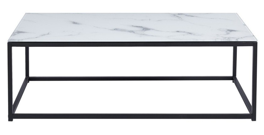 Table basse TRAMPSTA en verre effet marbre blanc, idéal pour un salon unique