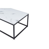 Table basse TRAMPSTA en verre effet marbre blanc, idéal pour un salon unique