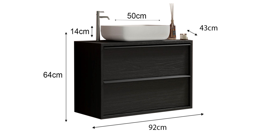 Meuble de salle de bain suspendu avec évier et 2 tiroirs, longueur 92cm, collection FRASSI. Coloris noir cendré