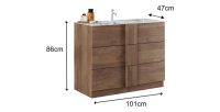Meuble de salle de bain avec deux vasques et 3 tiroirs, longueur 101cm, collection FRASSI. Coloris chêne clair