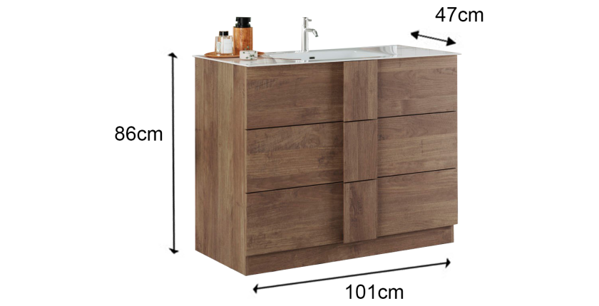 Meuble de salle de bain avec deux vasques et 3 tiroirs, longueur 101cm, collection FRASSI. Coloris chêne clair