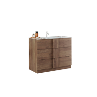 Meuble de salle de bain avec deux vasques et 3 tiroirs, longueur 101cm, collection FRASSI. Coloris chêne clair