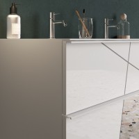 Meuble de salle de bain suspendu avec deux vasques et 2 tiroirs, collection VITARIO. Coloris blanc brillant