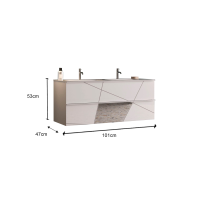 Meuble de salle de bain suspendu avec 1 vasque et 2 tiroirs, collection VITARIO. Coloris blanc brillant