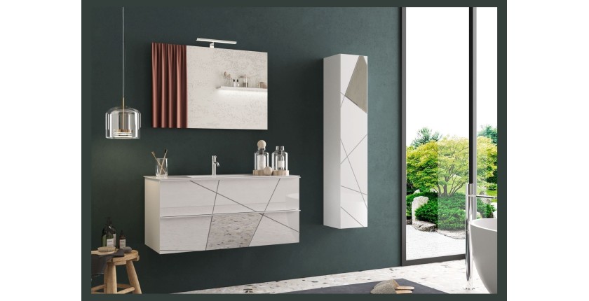 Meuble de salle de bain suspendu avec 1 vasque et 2 tiroirs, collection VITARIO. Coloris blanc brillant