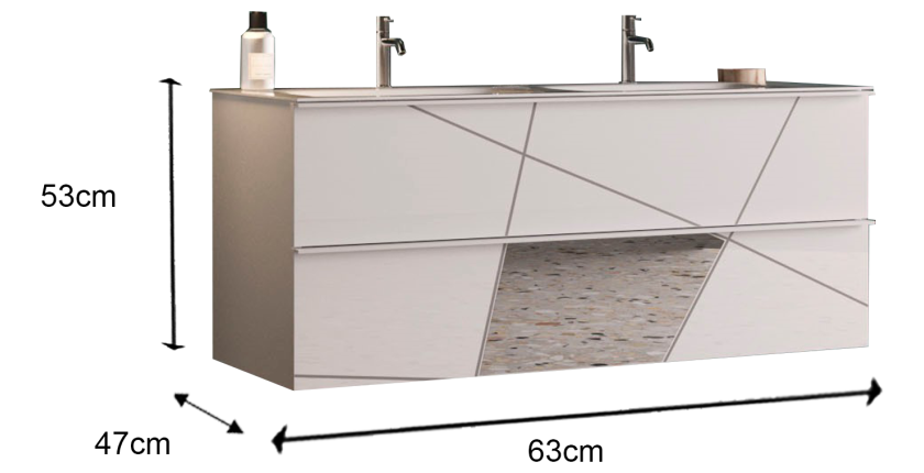 Meuble de salle de bain suspendu avec 1 vasque et 2 tiroirs, longueur 63cm, collection VITARIO. Coloris blanc brillant