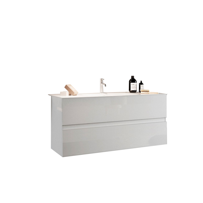 Meuble de salle de bain suspendu avec 1 vasque et 2 tiroirs, collection VIENNE. Coloris blanc brillant