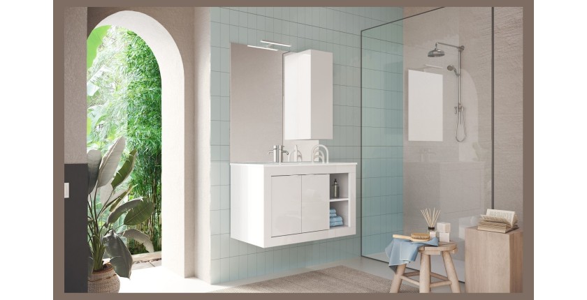 Meuble de salle de bain suspendu avec 1 vasque et 2 portes, collection VIENNE. Coloris blanc brillant