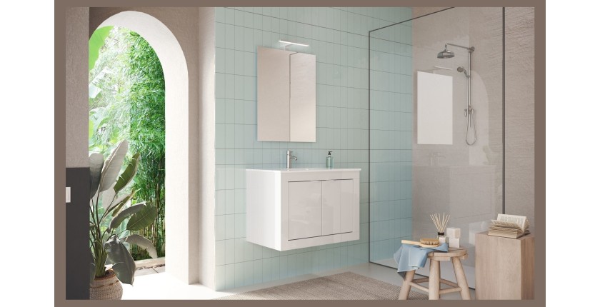 Meuble de salle de bain suspendu avec 1 vasque et 2 portes, longueur 82cm, collection VIENNE. Coloris blanc brillant