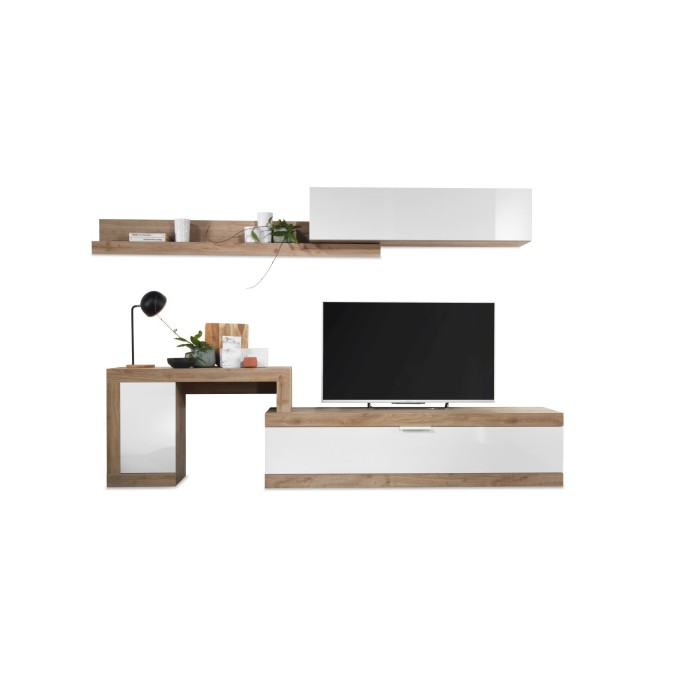 Ensemble de meubles de salon design avec nombreux rangements collection BURA, longueur 280cm. Coloris blanc laqué et chêne cadiz