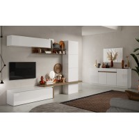 Ensemble de meubles de salon collection FANZY 4 portes. Coloris blanc brillant laqué et chêne