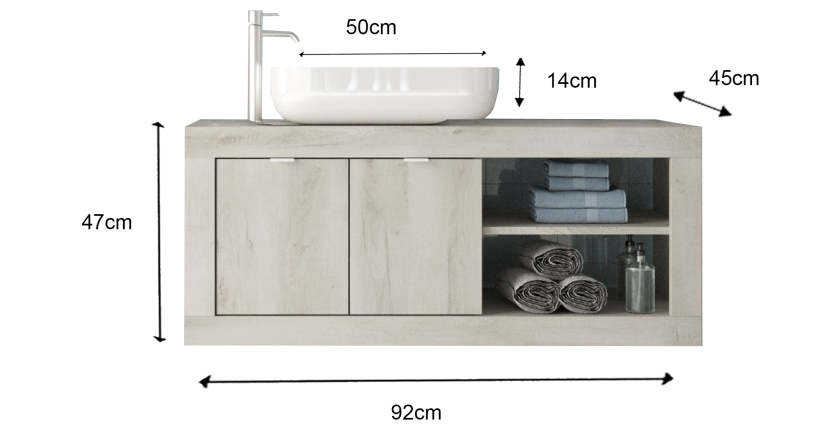 Meuble de salle de bain suspendu une vasque et 2 portes, longueur 92cm,  collection CISA, coloris blanc effet bois