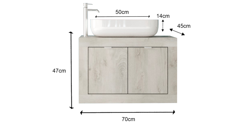 Meuble de salle de bain suspendu une vasque et 2 portes, longueur 70cm,  collection CISA, coloris blanc effet bois