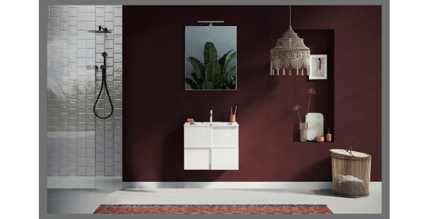 Meuble de salle de bain suspendu avec 1 vasque et 2 tiroirs, longueur 63cm, collection KUBRICK. Coloris blanc brillant