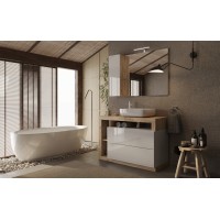 Meuble de salle de bain avec une vasque et 2 tiroirs,  collection BURA. Coloris blanc brillant et chêne clair