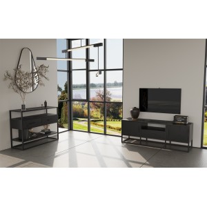 Meuble TV collection MADEIRO Structure métal et bois exotique de Mangolia noir. Idéal pour un salon de style industriel. L140cm