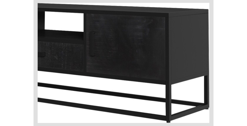 Meuble TV collection MADEIRO Structure métal et bois exotique de Mangolia noir. Idéal pour un salon de style industriel. L160cm