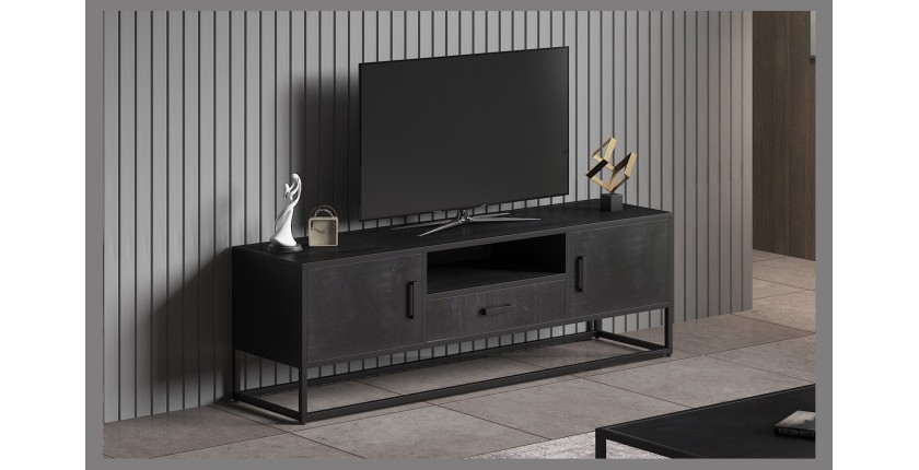 Meuble TV collection MADEIRO Structure métal et bois exotique de Mangolia noir. Idéal pour un salon de style industriel. L160cm