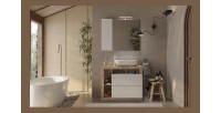Meuble de salle de bain avec une vasque et 2 tiroirs, longueur 92cm, collection BURA. Coloris blanc brillant et chêne clair
