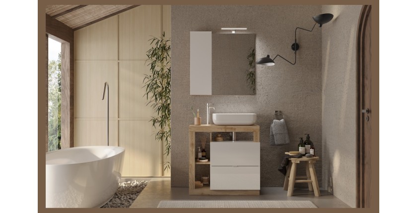 Meuble de salle de bain avec une vasque et 2 tiroirs, longueur 79cm, collection BURA. Coloris blanc brillant et chêne clair