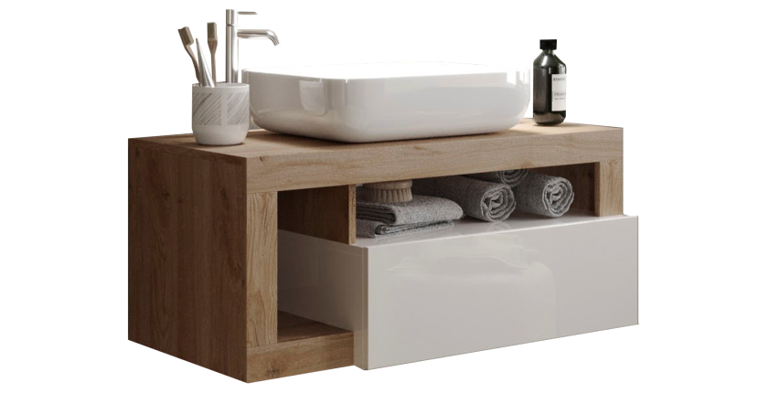 Meuble de salle de bain suspendu avec vasque et tiroir, longueur 79cm, collection BURA, coloris blanc brillant et chêne clair