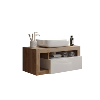 Meuble de salle de bain suspendu avec vasque et tiroir, longueur 79cm, collection BURA, coloris blanc brillant et chêne clair