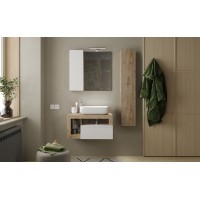 Meuble de salle de bain suspendu avec vasque et tiroir, longueur 79cm, collection BURA, coloris blanc brillant et chêne clair