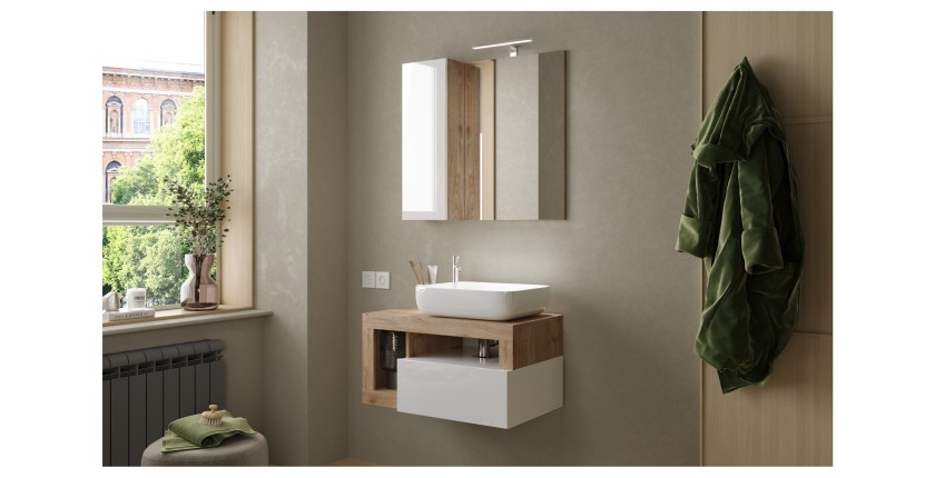 Meuble de salle de bain suspendu avec vasque et tiroir, longueur 79cm, collection BURA, coloris blanc brillant et chêne clair