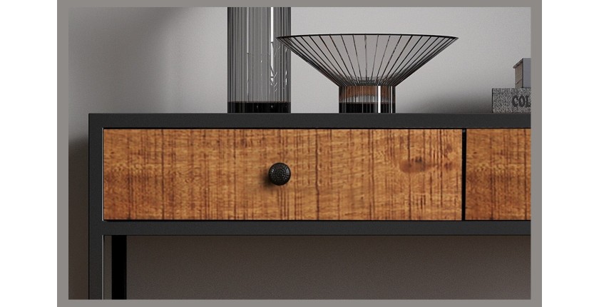 Console de salon avec tiroir style industriel en bois massif exotique de Mangolia et structure métal. Collection MADEIRO