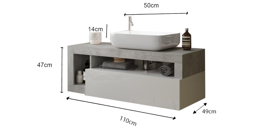 Meuble de salle de bain suspendu avec une vasque et 1 tiroir, collection BURA. Coloris blanc brillant et béton