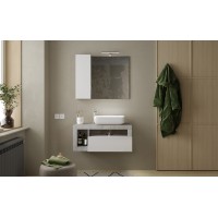 Meuble de salle de bain suspendu avec une vasque et 1 tiroir, longueur 92cm, collection BURA. Coloris blanc brillant et béton