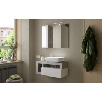 Meuble de salle de bain suspendu avec une vasque et 1 tiroir, longueur 92cm, collection BURA. Coloris blanc brillant et béton