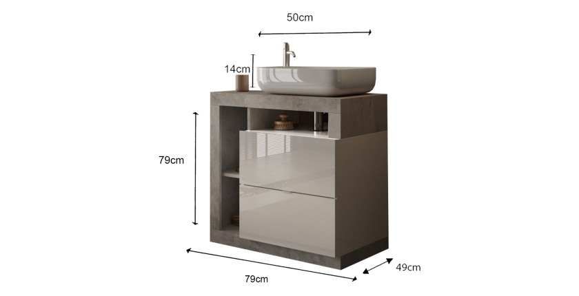 Meuble de salle de bain avec vasque et 2 tiroirs, longueur 79cm, collection BURA, coloris blanc brillant et béton