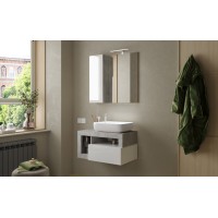 Meuble de salle de bain suspendu avec vasque et 1 tiroir, longueur 79cm, collection BURA, coloris blanc brillant et béton