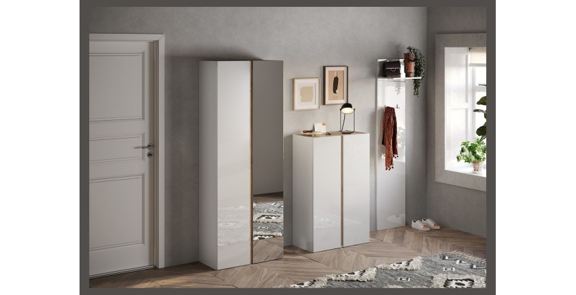 Meuble de rangement 2 portes 5 étagères réglables, collection KEY, coloris blanc laqué brillant et chêne cadiz
