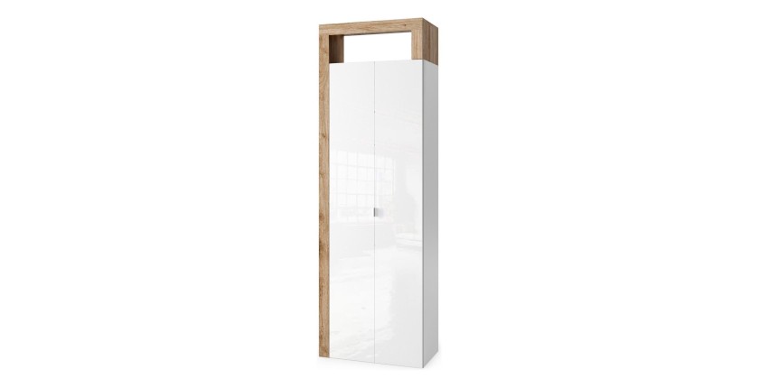 Armoire de salle de bains, 2 portes, collection BURA. Coloris blanc brillant laqué et chêne clair
