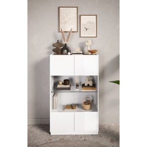 Vitrine design 2 portes collection FANZY. Coloris blanc laqué \ chêne clair