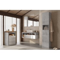 Colonne de salle de bain tournante avec miroir, 2 portes et 1 tiroir, collection BURA. Coloris gris aspect béton