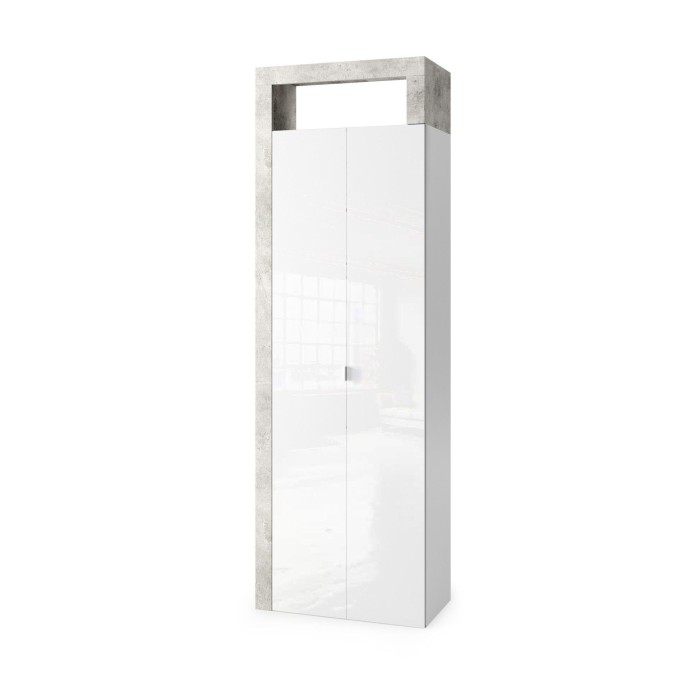 Armoire de salle de bains, 2 portes, collection BURA. Coloris blanc brillant laqué et gris aspect béton