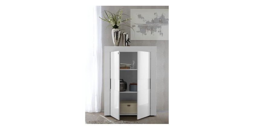 Meuble de salon, 2 portes et 2 étagères, collection JET, coloris blanc laqué brillant