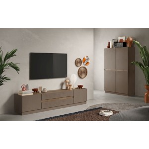 Meuble TV 205cm collection FANZY. Coloris marron et chêne foncé, idéal dans un salon design