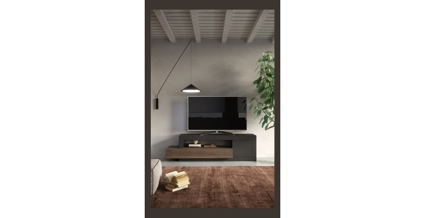 Meuble TV 1 porte 1 tiroir collection DOMI. Coloris gris anthracite \ chêne foncé, idéal dans un salon design