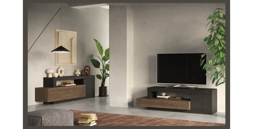 Meuble TV 1 porte 1 tiroir collection DOMI. Coloris gris anthracite \ chêne foncé, idéal dans un salon design