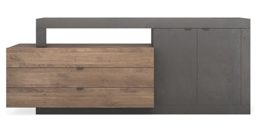 Buffet 2 portes et 3 tiroirs collection DOMI. Coloris gris anthracite \ chêne foncé, idéal dans un salon design