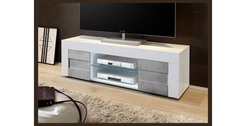 Meuble tv 138cm, 2 portes, collection JET, coloris blanc laqué brillant et gris aspect béton