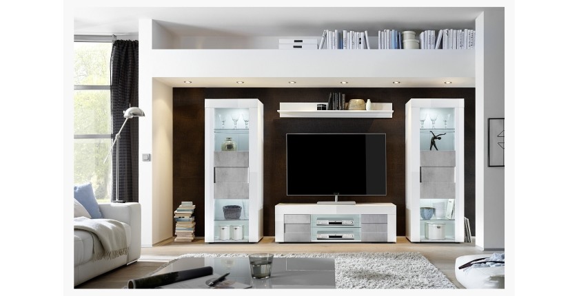 Meuble tv 138cm, 2 portes, collection JET, coloris blanc laqué brillant et gris aspect béton